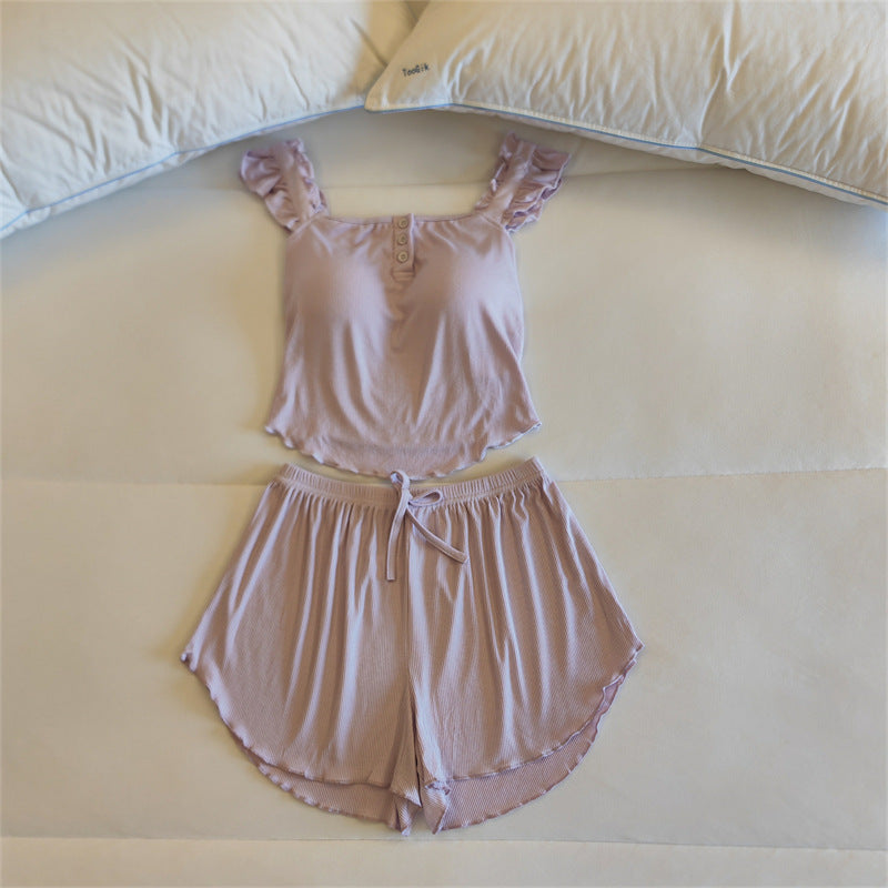 Pajamas Women&#039;s Summer With Chest Pad One-piece Sling Shorts Two-piece Thin Internet Popular Pure Style Modal Home Clothes