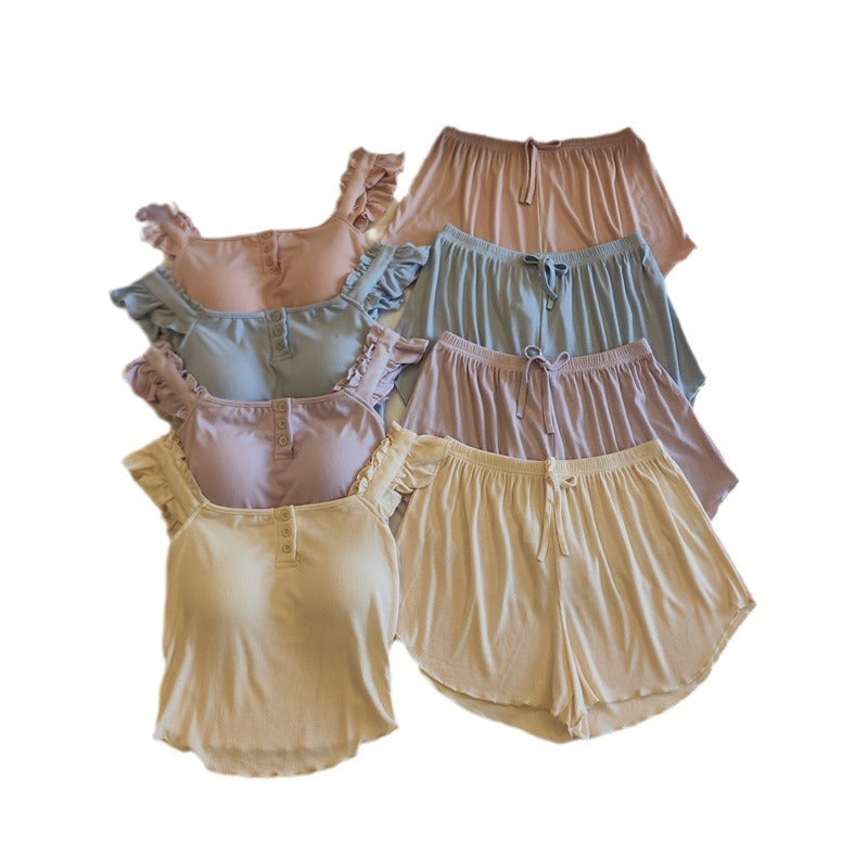 Pajamas Women&#039;s Summer With Chest Pad One-piece Sling Shorts Two-piece Thin Internet Popular Pure Style Modal Home Clothes