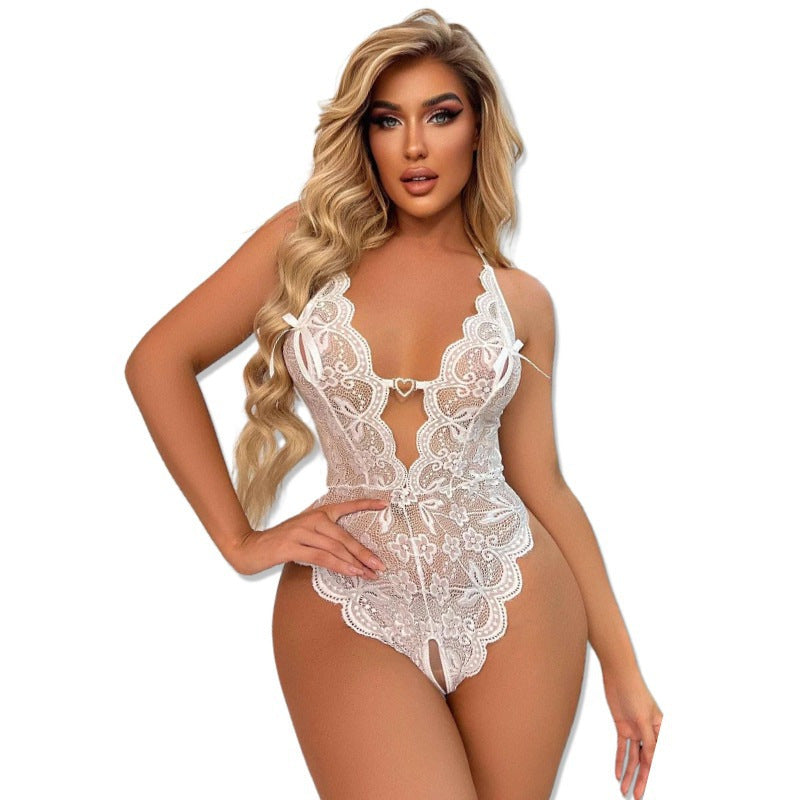 European And American Foreign Trade Plus Size Sexy Lingerie New Lace Perspective Free Off Open Crotch One-piece Sexy Pajamas Factory Wholesale