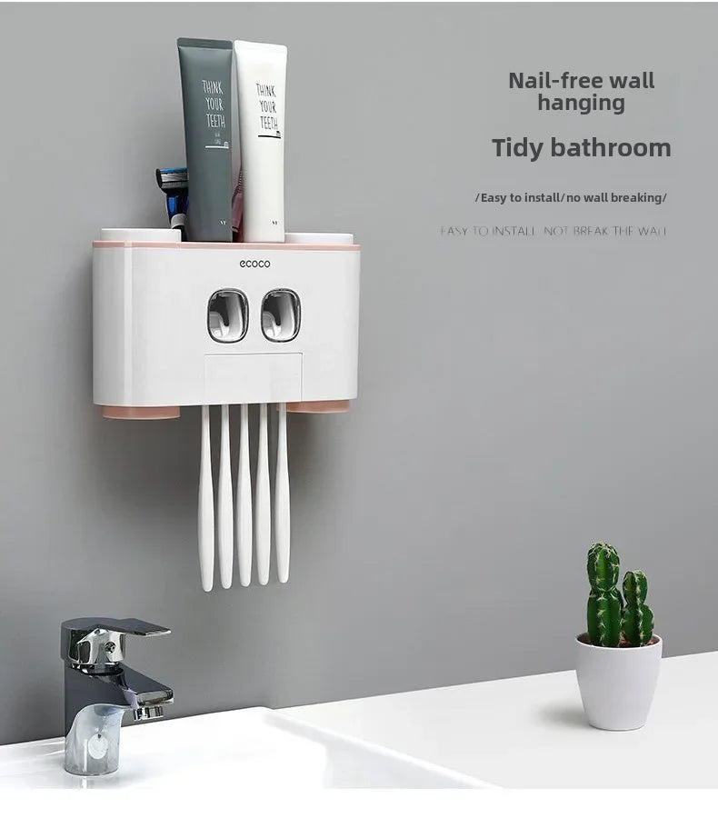 Happy Home Automatic Toothpaste Dispenser & 4-Slot Toothbrush Holder – Wall-Mounted, No Drilling Required