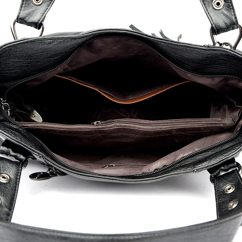 Classic Washed Sheepskin Tassel Shoulder Bag – Genuine Leather Urban Style with Contrast Stitching