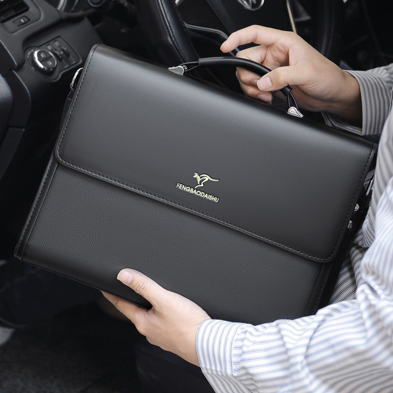 Men’s Horizontal Leather Briefcase – Waterproof PU Business Bag with Handle | Professional Work Bag for Office & Travel