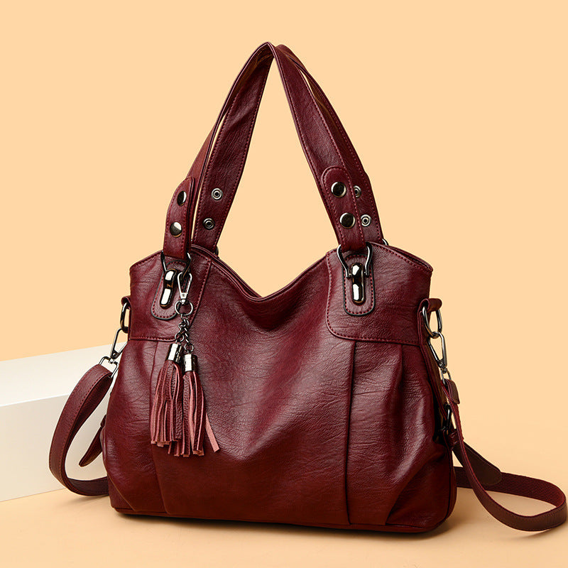 Classic Washed Sheepskin Tassel Shoulder Bag – Genuine Leather Urban Style with Contrast Stitching