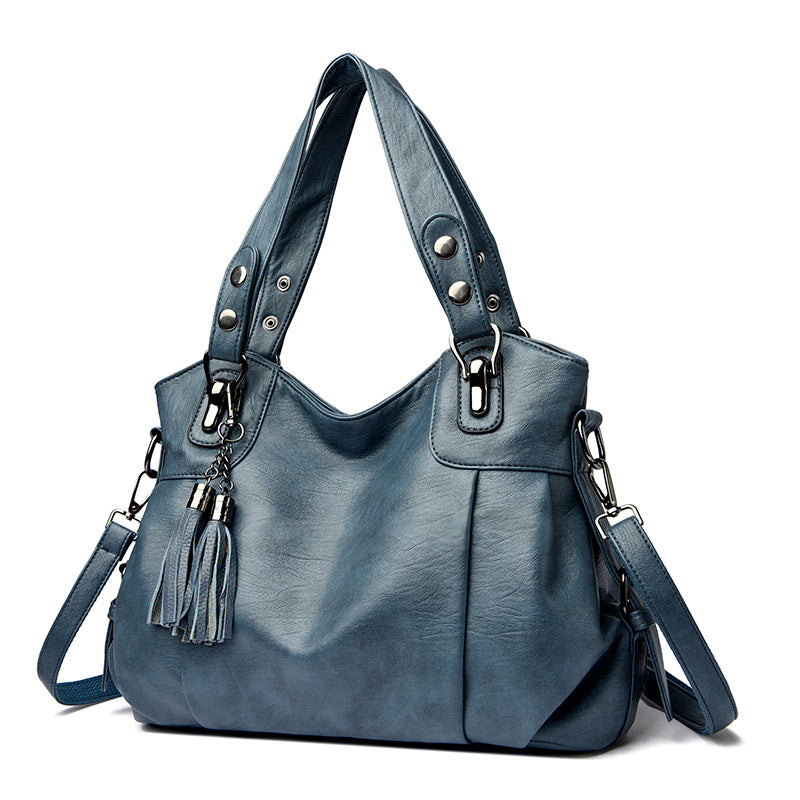Classic Washed Sheepskin Tassel Shoulder Bag – Genuine Leather Urban Style with Contrast Stitching