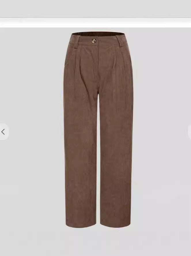 2024 Amazon Autumn New Women&#039;s High Waist Casual Pants European And American Solid Color Corduroy Loose Straight Pants Women