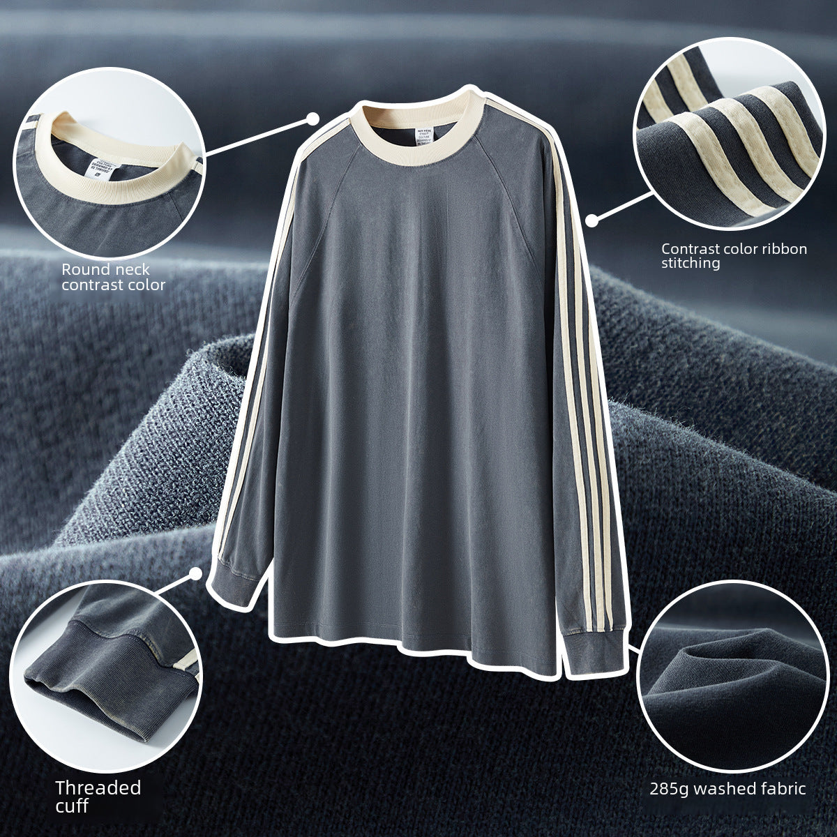 BE Men&#039;s Wear | 2024 Autumn Loose Fake Two Ribbon Striped Cotton American Retro Washed Long Sleeve T-Shirt Men