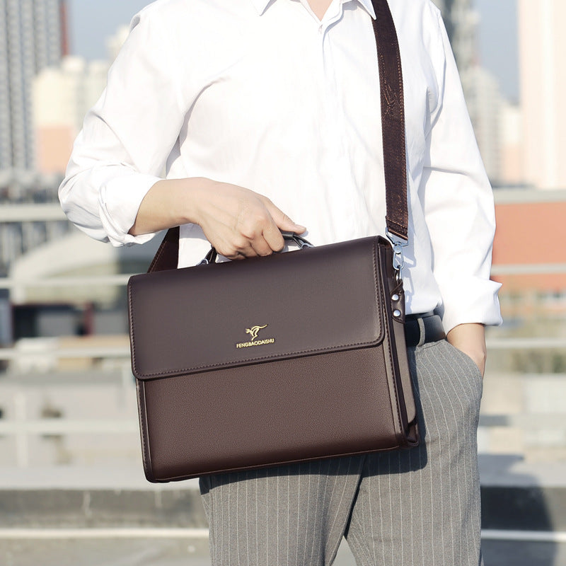 Men’s Horizontal Leather Briefcase – Waterproof PU Business Bag with Handle | Professional Work Bag for Office & Travel