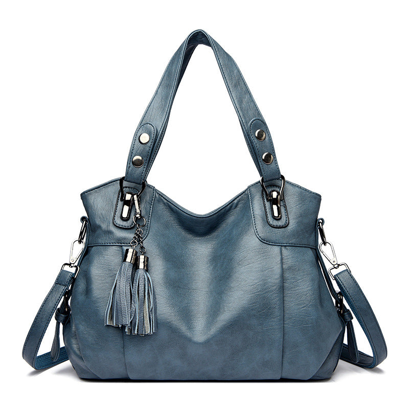 Classic Washed Sheepskin Tassel Shoulder Bag – Genuine Leather Urban Style with Contrast Stitching