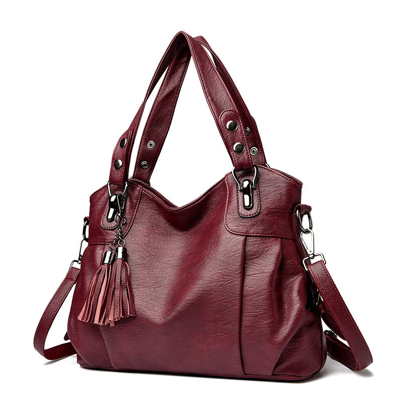 Classic Washed Sheepskin Tassel Shoulder Bag – Genuine Leather Urban Style with Contrast Stitching