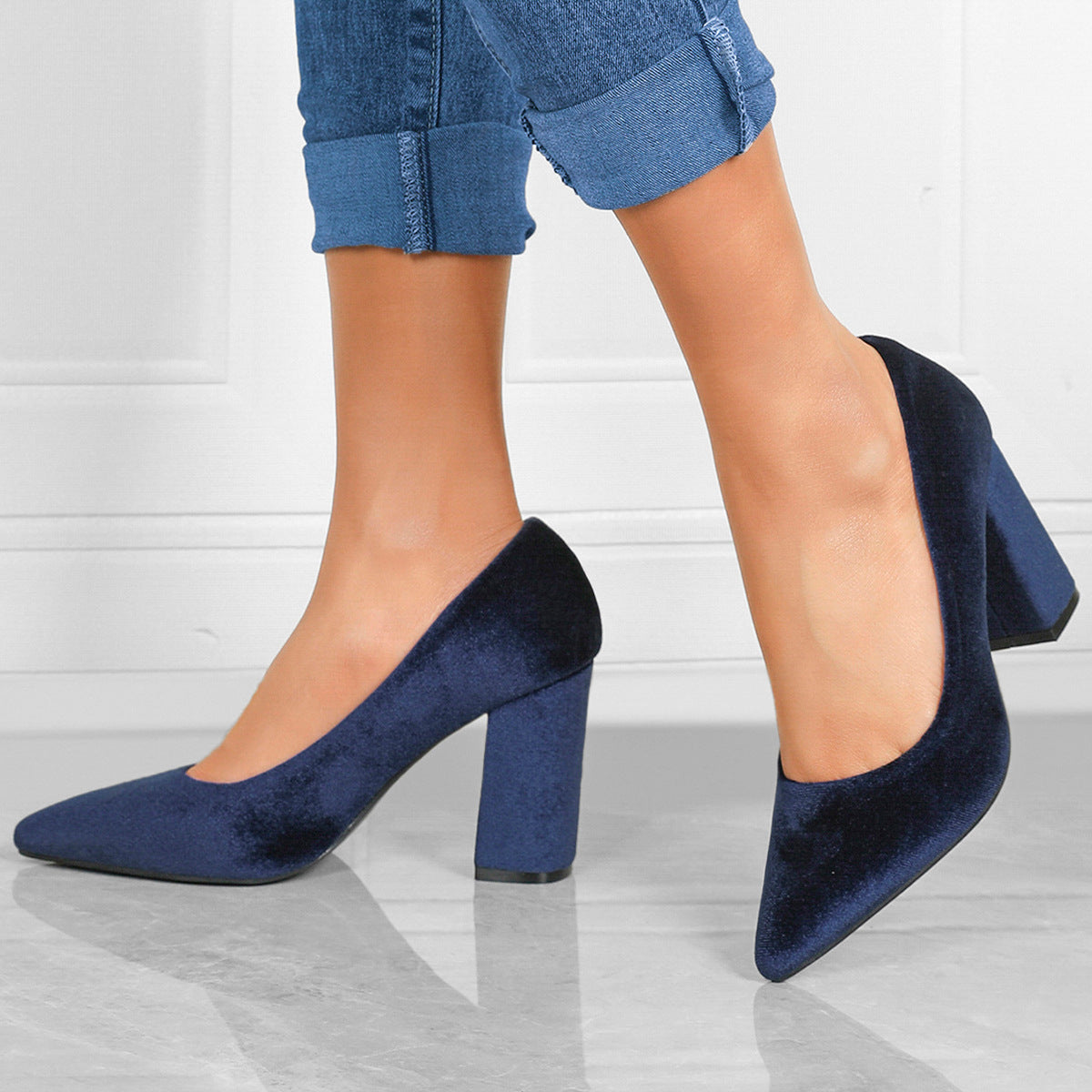 Plus Size Women’s Pointed Toe High Heels – Elegant Square Heel Sandals | Black, Blue | Sizes 5-10
