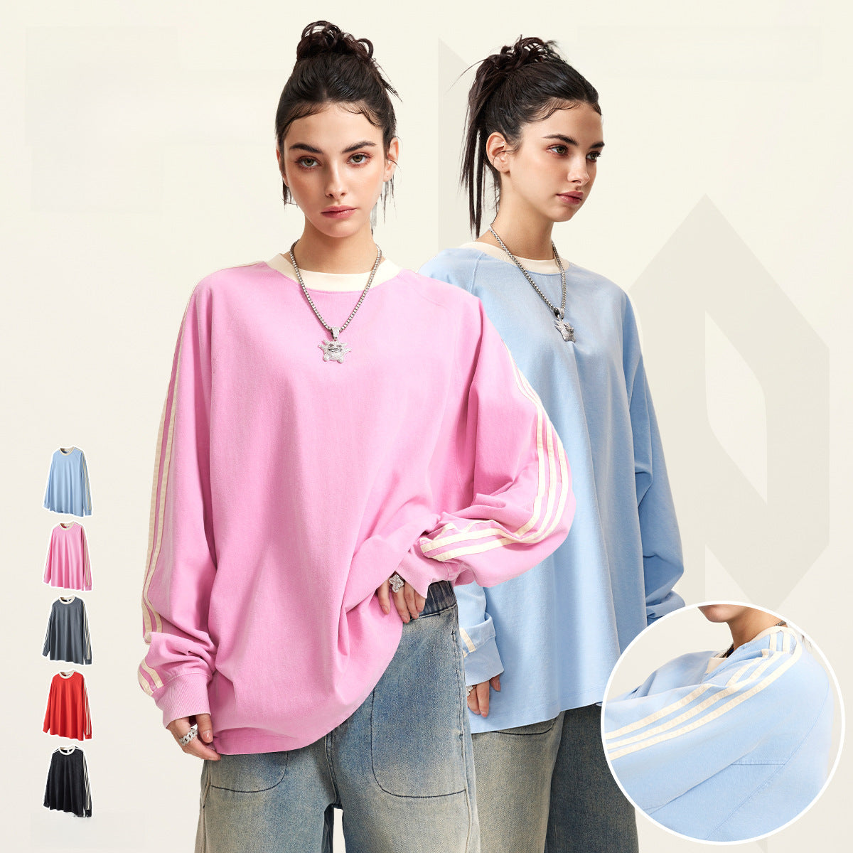 BE Men&#039;s Wear | 2024 Autumn Loose Fake Two Ribbon Striped Cotton American Retro Washed Long Sleeve T-Shirt Men