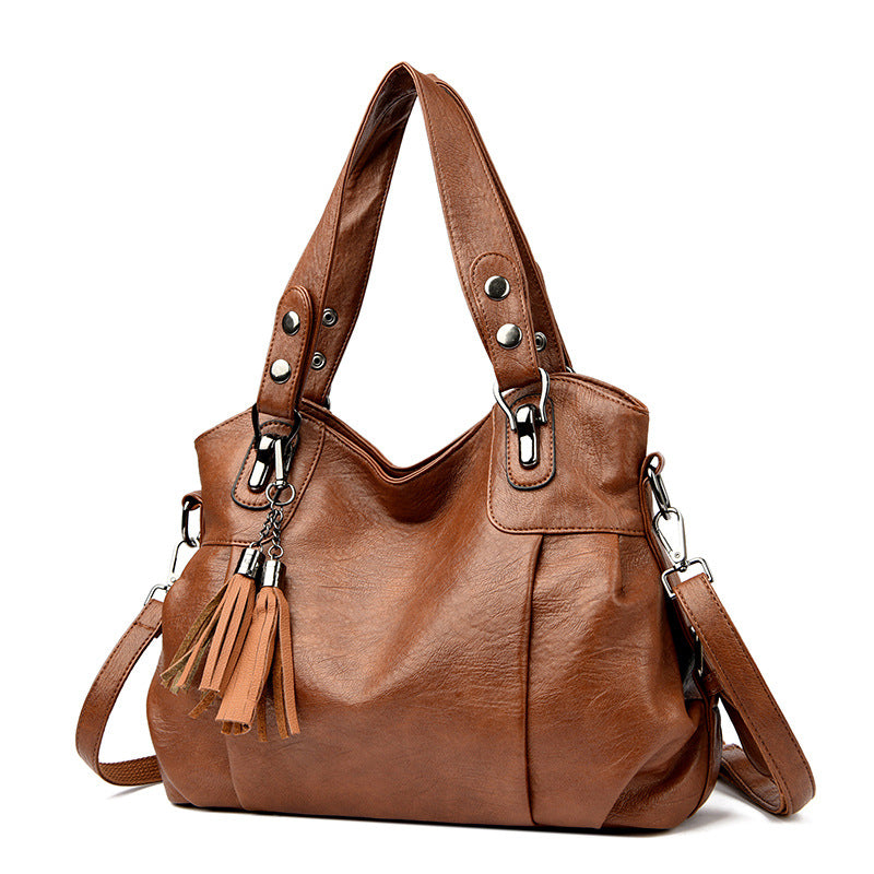 Classic Washed Sheepskin Tassel Shoulder Bag – Genuine Leather Urban Style with Contrast Stitching