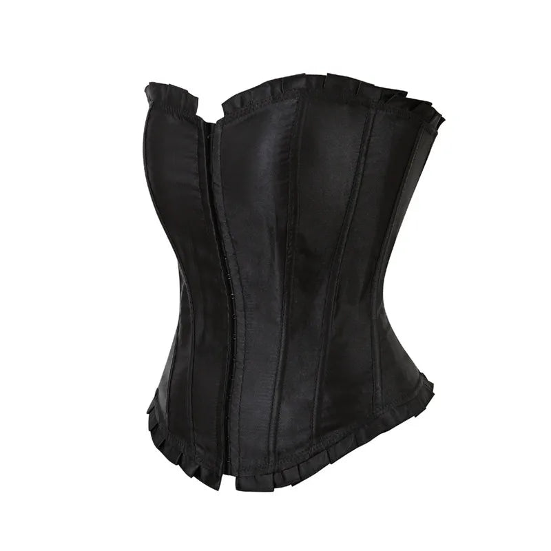 Front Hooks Satin Ruffle Overbust Corset Top for Women Sexy Lace Up Boned Corset Lingerie Waist Slimming Body Shaper Corselet