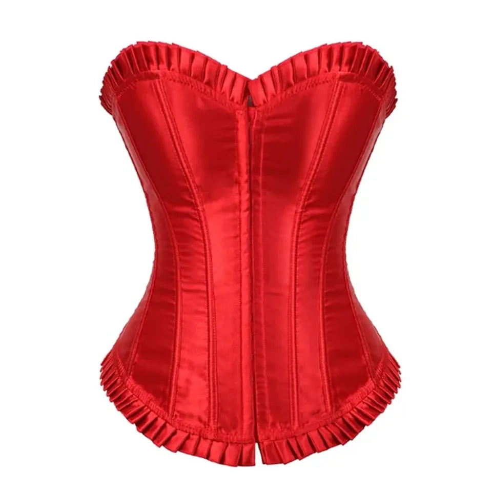 Front Hooks Satin Ruffle Overbust Corset Top for Women Sexy Lace Up Boned Corset Lingerie Waist Slimming Body Shaper Corselet