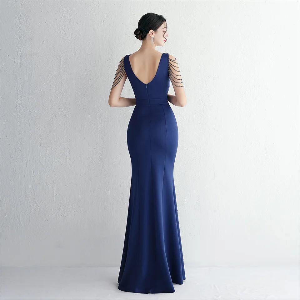 DEERVEADO 6 Colors Mermaid V Neck Soft Satin Evening Dresses for Woman Elegant Formal Occasion Dress Wedding Party Dresses