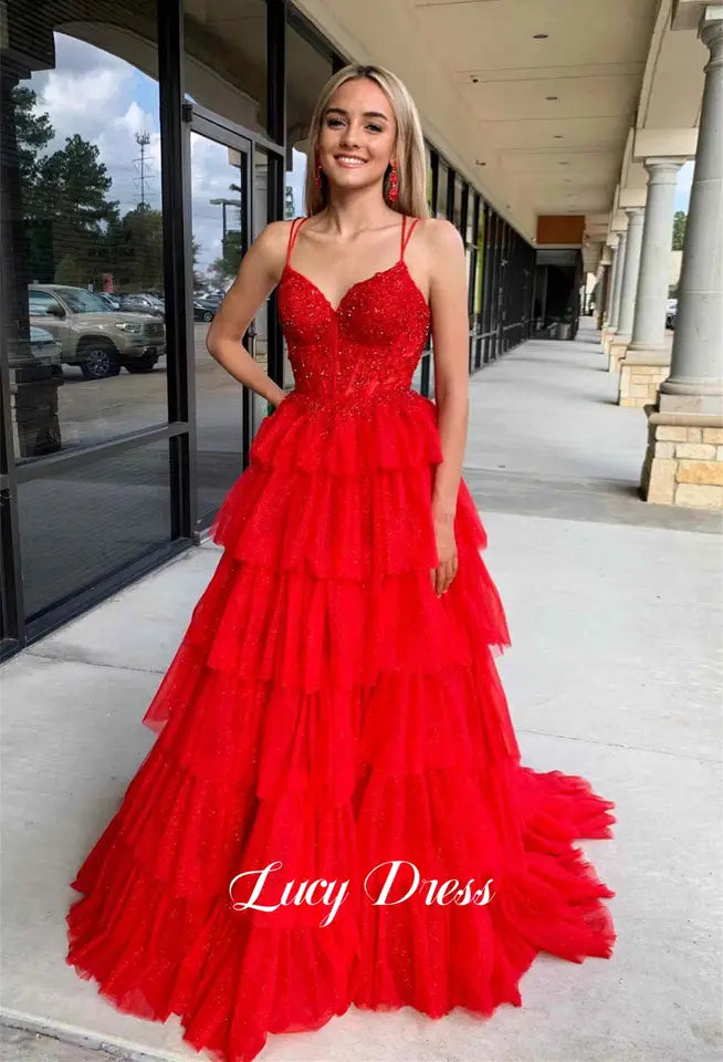 Lucy Glitter Decoration Layered Graduation Gown Mesh Fluffy Ball Elegant Party Dress for Women Luxury Prom Dresses 2024 Gala