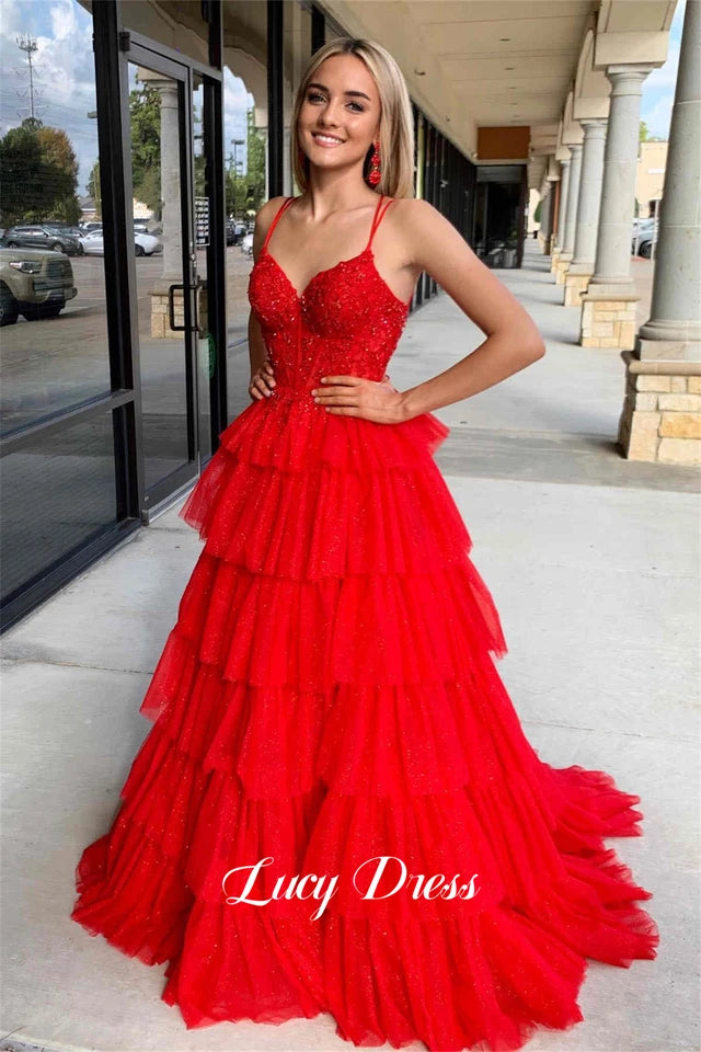 Lucy Glitter Decoration Layered Graduation Gown Mesh Fluffy Ball Elegant Party Dress for Women Luxury Prom Dresses 2024 Gala