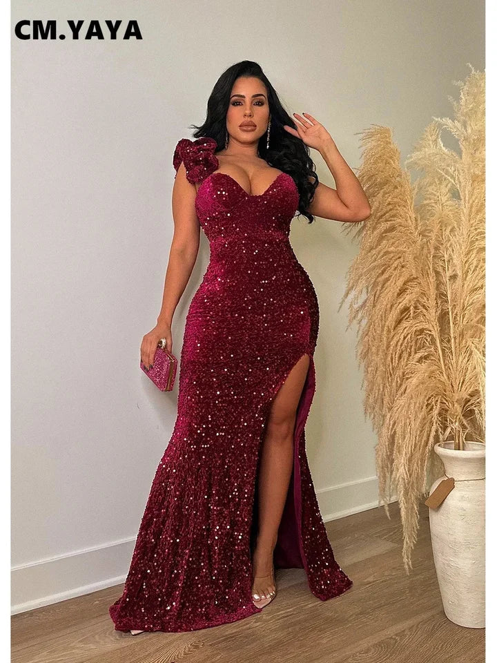 CM.YAYA Women One Shoulder Open Back Sequined High Side Split Mermaid Maxi Dress 2023 Sexy Club Evening Party Dresses Vestidos