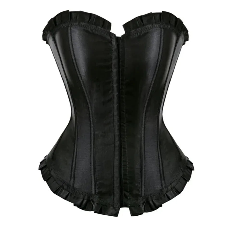 Front Hooks Satin Ruffle Overbust Corset Top for Women Sexy Lace Up Boned Corset Lingerie Waist Slimming Body Shaper Corselet