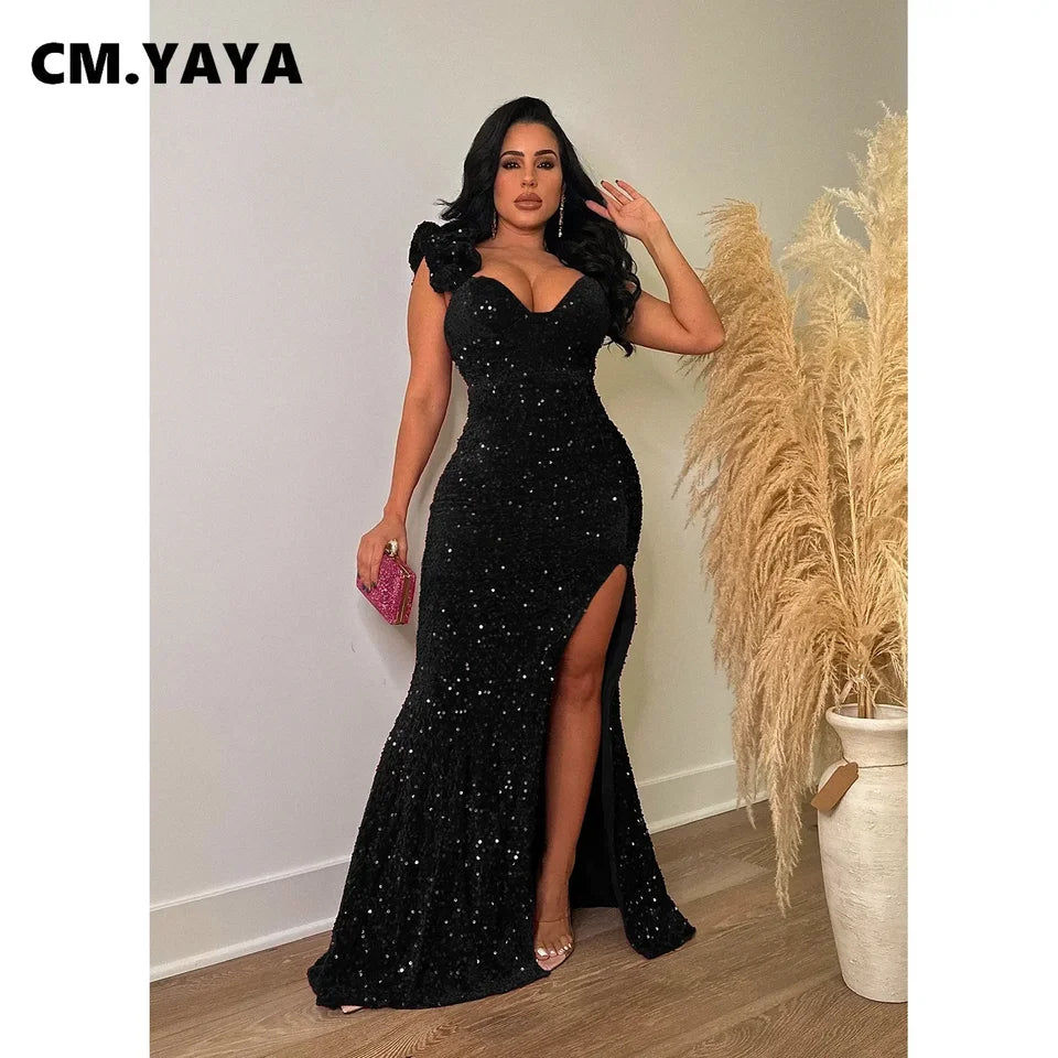 CM.YAYA Women One Shoulder Open Back Sequined High Side Split Mermaid Maxi Dress 2023 Sexy Club Evening Party Dresses Vestidos