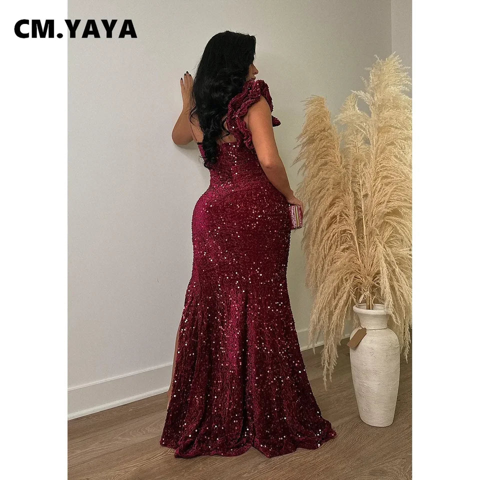 CM.YAYA Women One Shoulder Open Back Sequined High Side Split Mermaid Maxi Dress 2023 Sexy Club Evening Party Dresses Vestidos