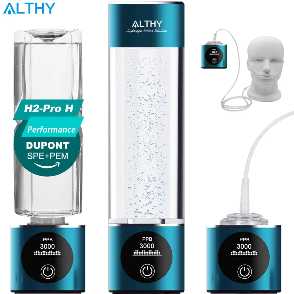 ALTHY Molecular Hydrogen Water Generator Bottle DuPont SPE+PEM Dual Chamber lonizer + PPB & Time Display + H2 Inhalation Device