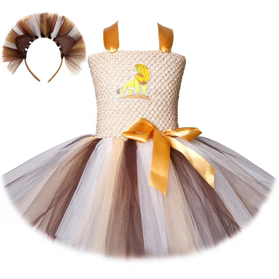 Lion King Tutu Dress for Girls Halloween Costume Kids Toddler Carnival Jungle Party Animal Dress Up Clothes with Mane Headband