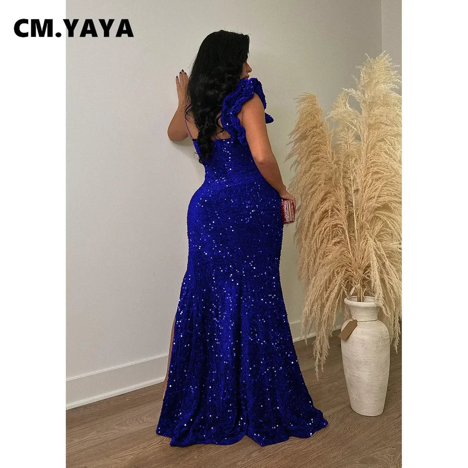 CM.YAYA Women One Shoulder Open Back Sequined High Side Split Mermaid Maxi Dress 2023 Sexy Club Evening Party Dresses Vestidos