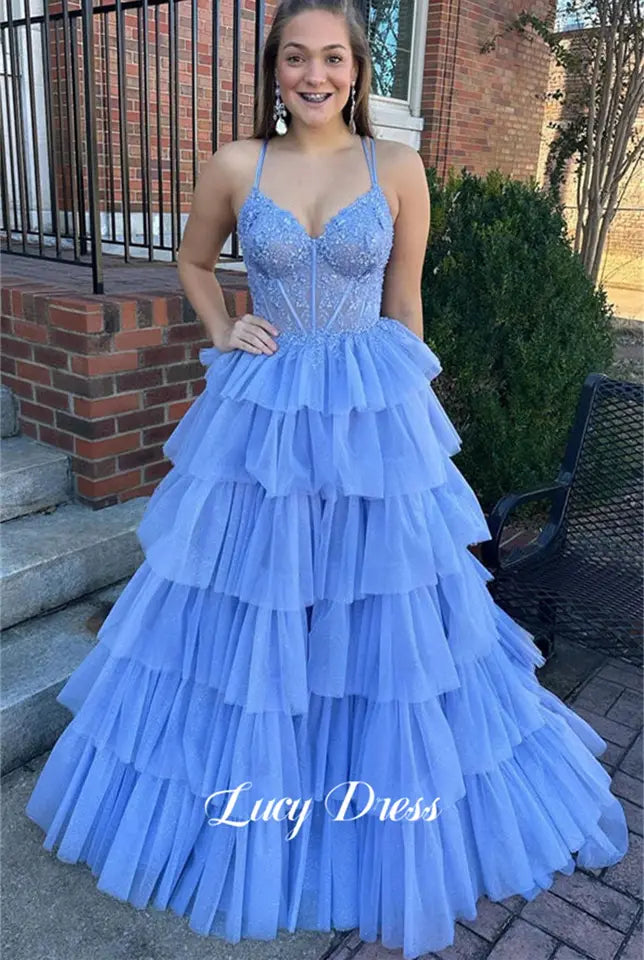 Lucy Glitter Decoration Layered Graduation Gown Mesh Fluffy Ball Elegant Party Dress for Women Luxury Prom Dresses 2024 Gala