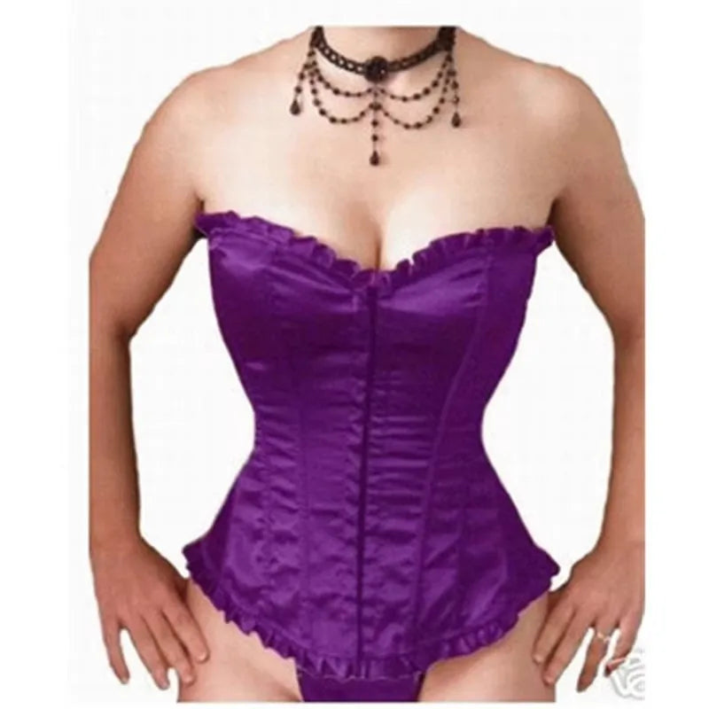 Front Hooks Satin Ruffle Overbust Corset Top for Women Sexy Lace Up Boned Corset Lingerie Waist Slimming Body Shaper Corselet