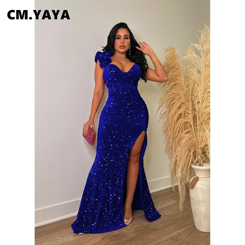 CM.YAYA Women One Shoulder Open Back Sequined High Side Split Mermaid Maxi Dress 2023 Sexy Club Evening Party Dresses Vestidos