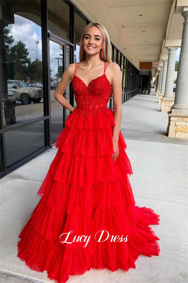 Lucy Glitter Decoration Layered Graduation Gown Mesh Fluffy Ball Elegant Party Dress for Women Luxury Prom Dresses 2024 Gala