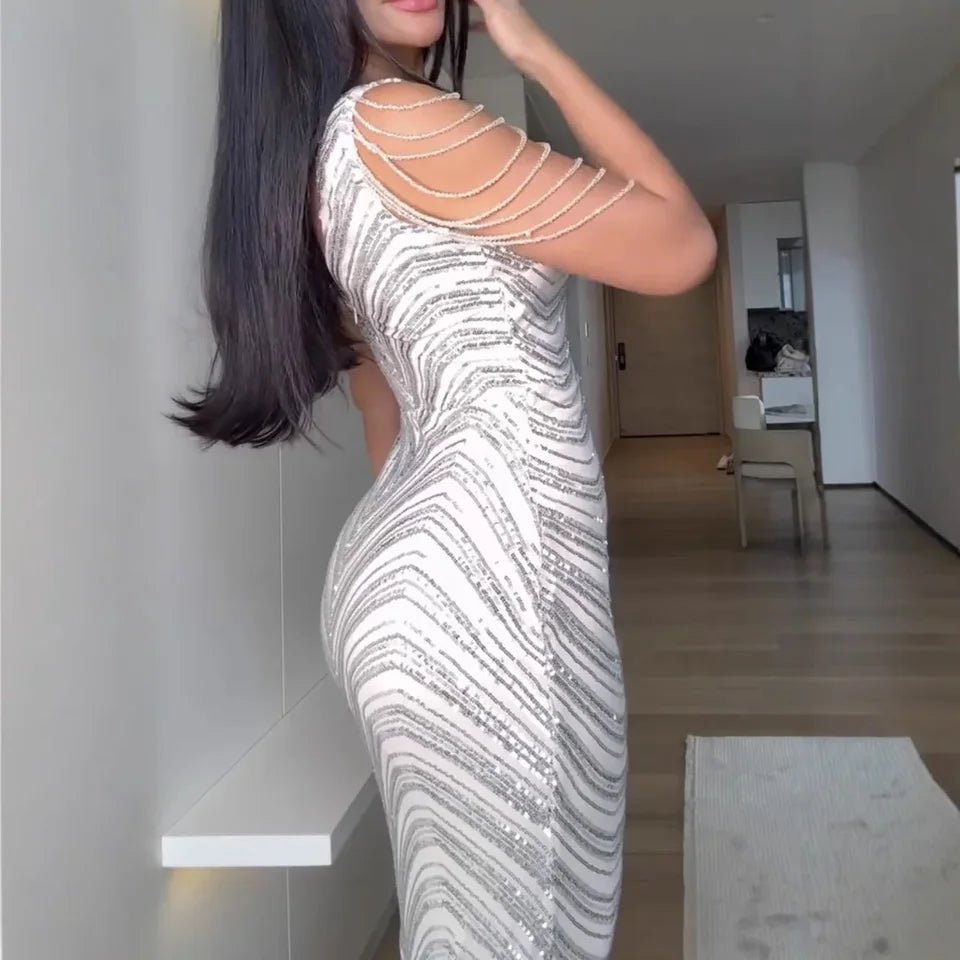Sexy Elegant Fish Tail Tassel One Shoulder Dress Women's Fashion Cross Border New Style Noble Women's Sleeveless Gown