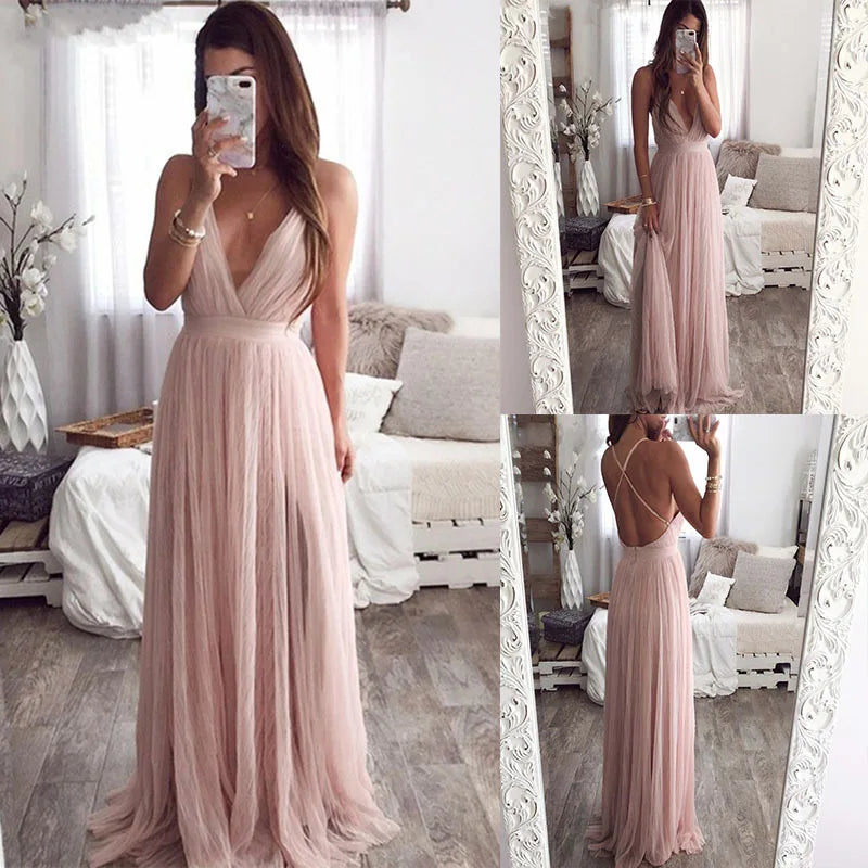 Customizable Deep V Mesh Sling Halter Dress Skirts