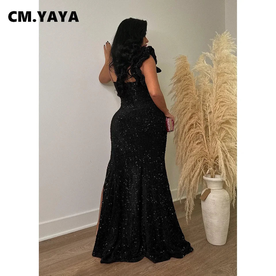 CM.YAYA Women One Shoulder Open Back Sequined High Side Split Mermaid Maxi Dress 2023 Sexy Club Evening Party Dresses Vestidos