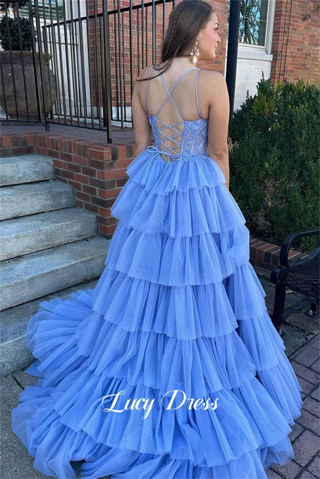 Lucy Glitter Decoration Layered Graduation Gown Mesh Fluffy Ball Elegant Party Dress for Women Luxury Prom Dresses 2024 Gala