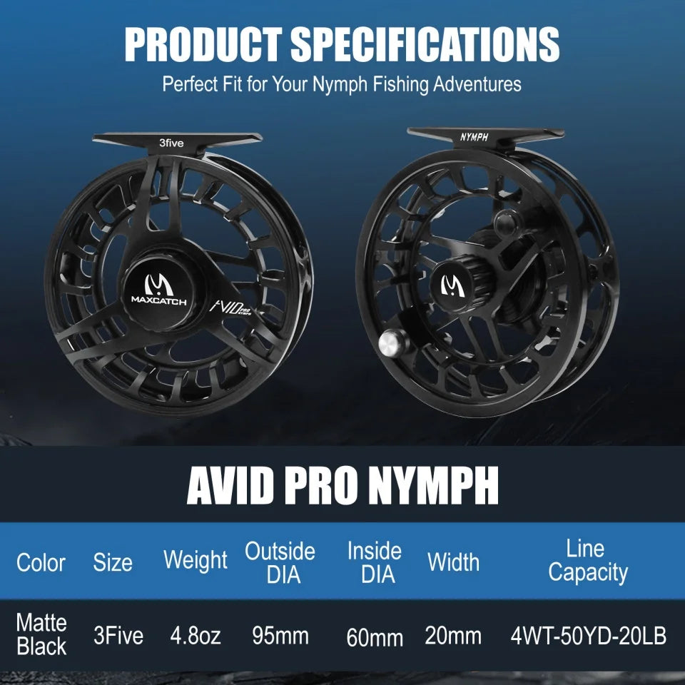 Maximumcatch AVID PRO Nymph 3/5wt Fly Fishing Reel with Full Frame Body Super Large Arbor Light Weight Fly Reel