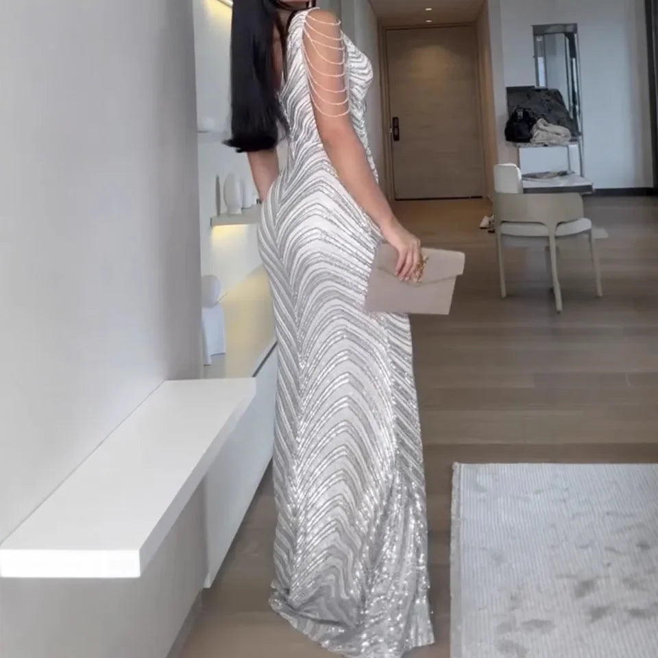Sexy Elegant Fish Tail Tassel One Shoulder Dress Women's Fashion Cross Border New Style Noble Women's Sleeveless Gown