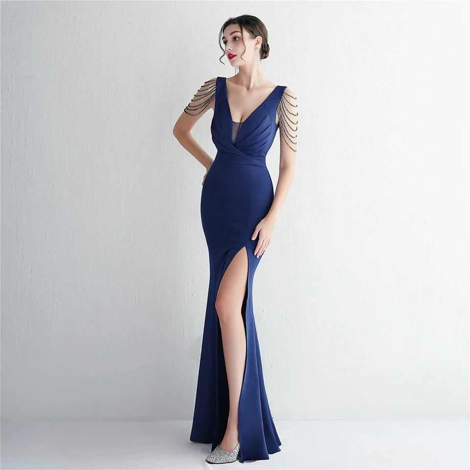DEERVEADO 6 Colors Mermaid V Neck Soft Satin Evening Dresses for Woman Elegant Formal Occasion Dress Wedding Party Dresses