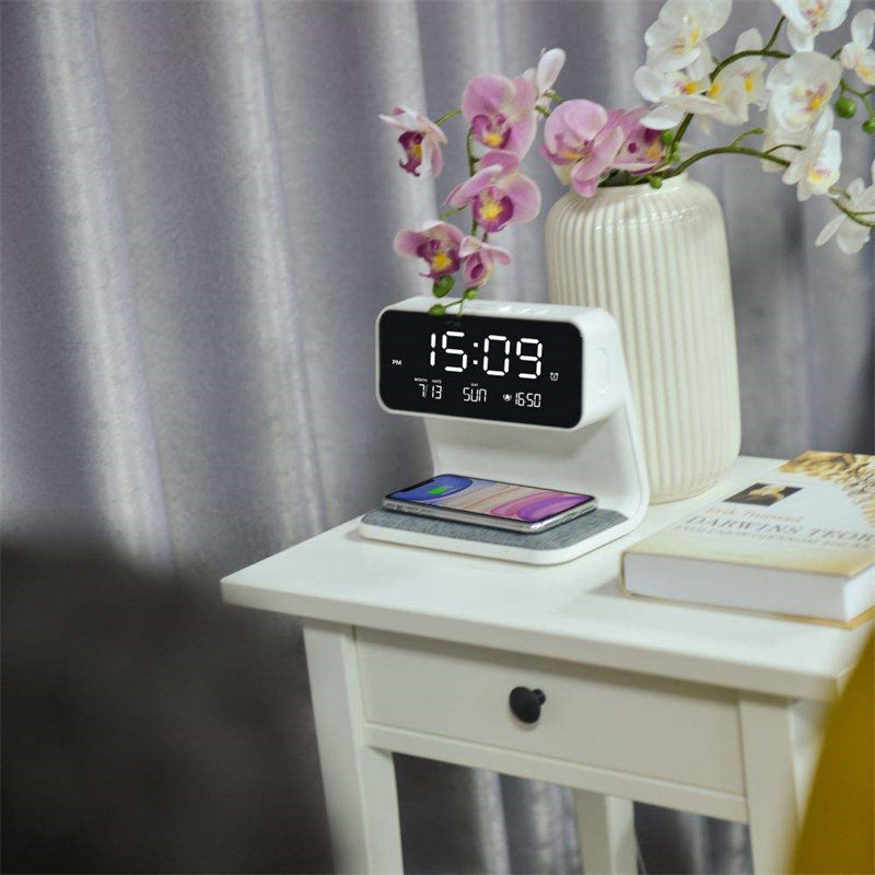 3-in-1 Bedside Lamp with Wireless Charging & LCD Alarm Clock – Touch Control & Dimmable Light