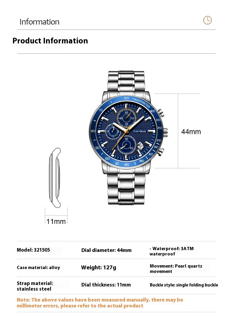 Luminous Waterproof Steel Watch – Sleek Design with Triple Sub-Dials