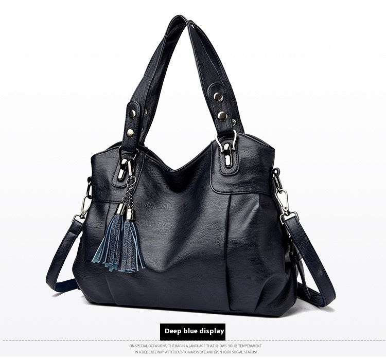 Classic Washed Sheepskin Tassel Shoulder Bag – Genuine Leather Urban Style with Contrast Stitching