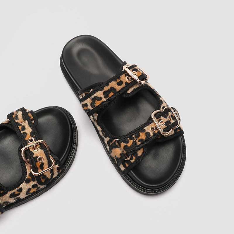 Leopard Print Summer Slippers for Women – Round Toe Flat Bottom with Buckle | Sizes 35–43