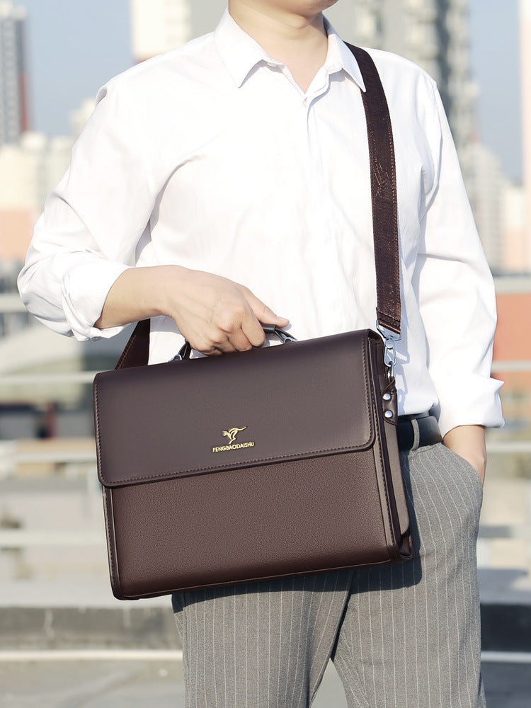 Men’s Horizontal Leather Briefcase – Waterproof PU Business Bag with Handle | Professional Work Bag for Office & Travel