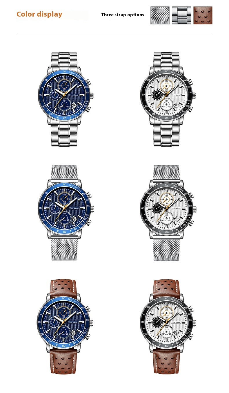 Luminous Waterproof Steel Watch – Sleek Design with Triple Sub-Dials