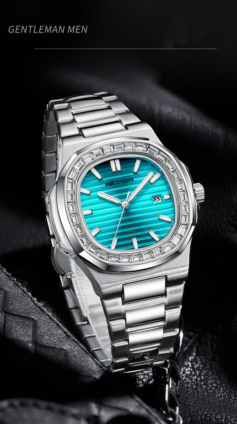 2024 Men's Fashion Diamond Luminous Quartz Watch Waterproof Steel Belt