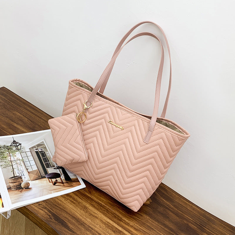 Women's Fashionable Wave Pattern Shoulder Bag – Retro Diamond Plaid Embroidered 2-Piece PU Leather Set