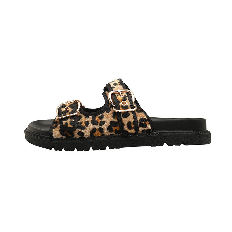 Leopard Print Summer Slippers for Women – Round Toe Flat Bottom with Buckle | Sizes 35–43