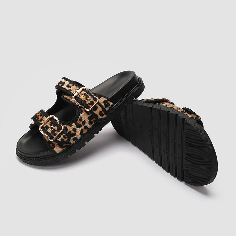 Leopard Print Summer Slippers for Women – Round Toe Flat Bottom with Buckle | Sizes 35–43