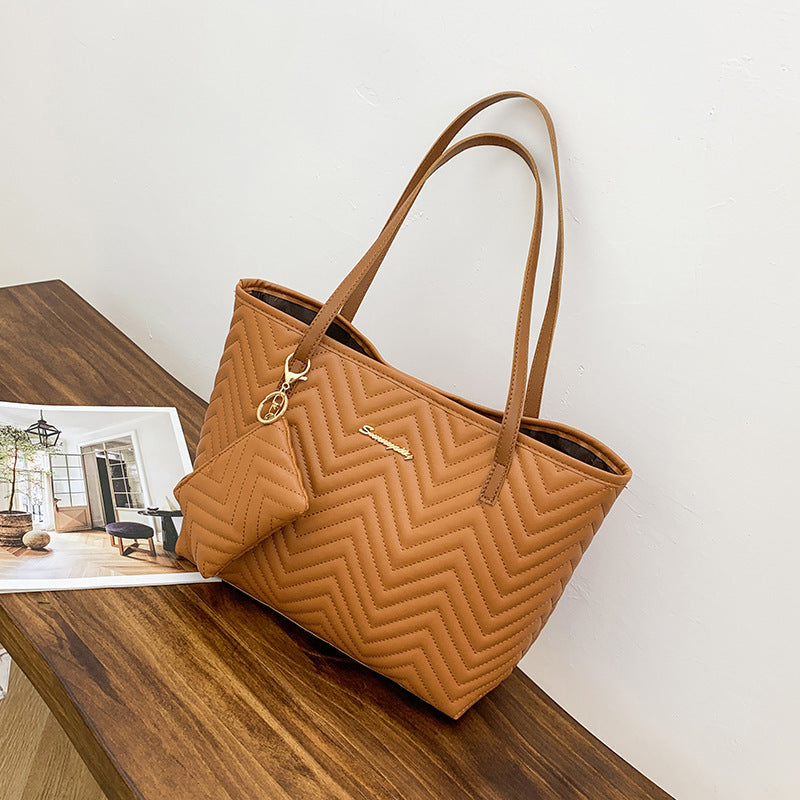 Women's Fashionable Wave Pattern Shoulder Bag – Retro Diamond Plaid Embroidered 2-Piece PU Leather Set